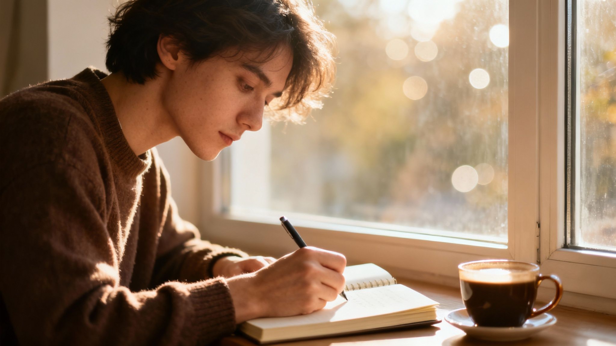 A young person writes in a notebook by a sunny window with a cup of coffee.