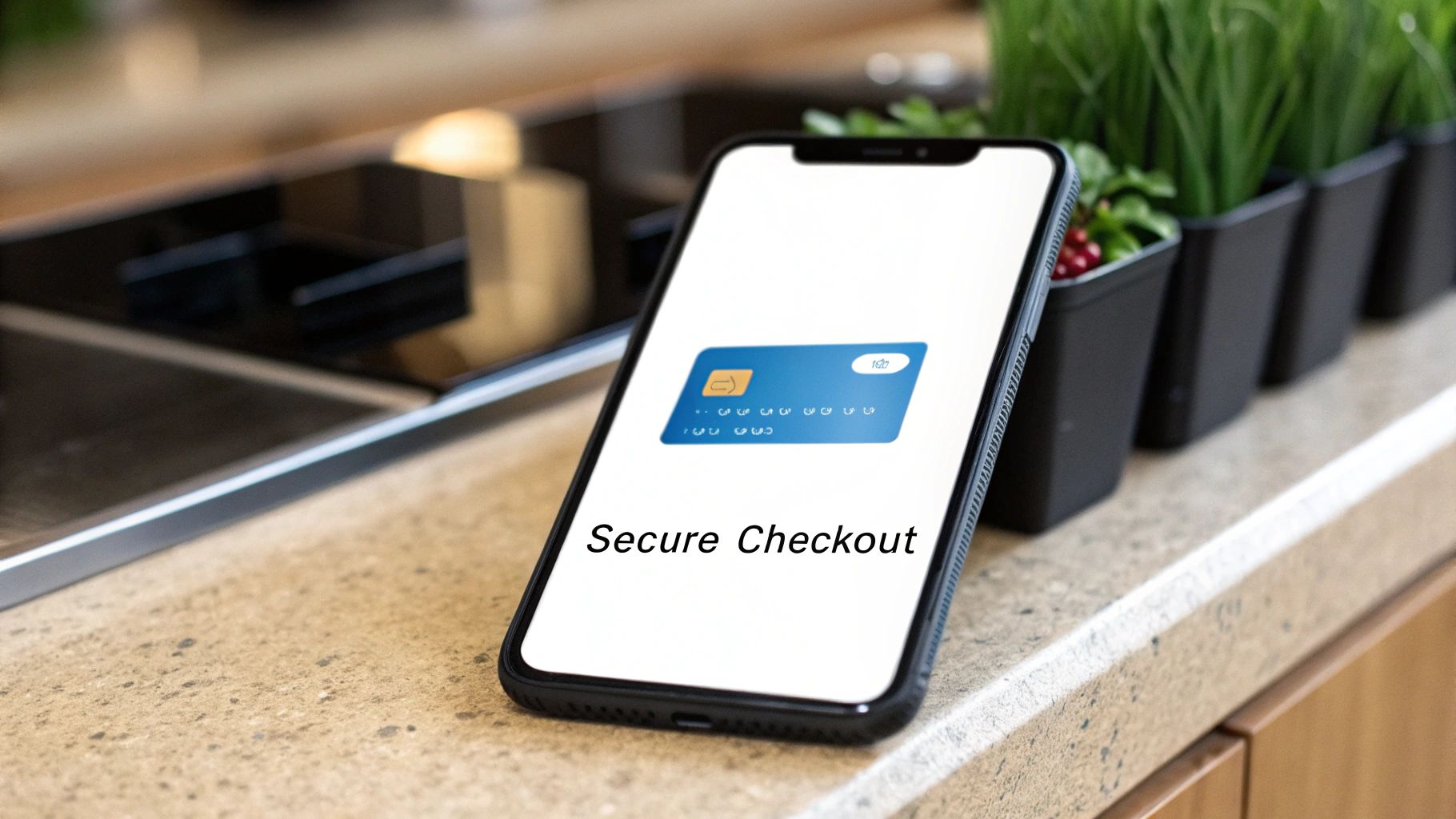 A smartphone displaying a secure checkout screen with a credit card icon on a kitchen counter.