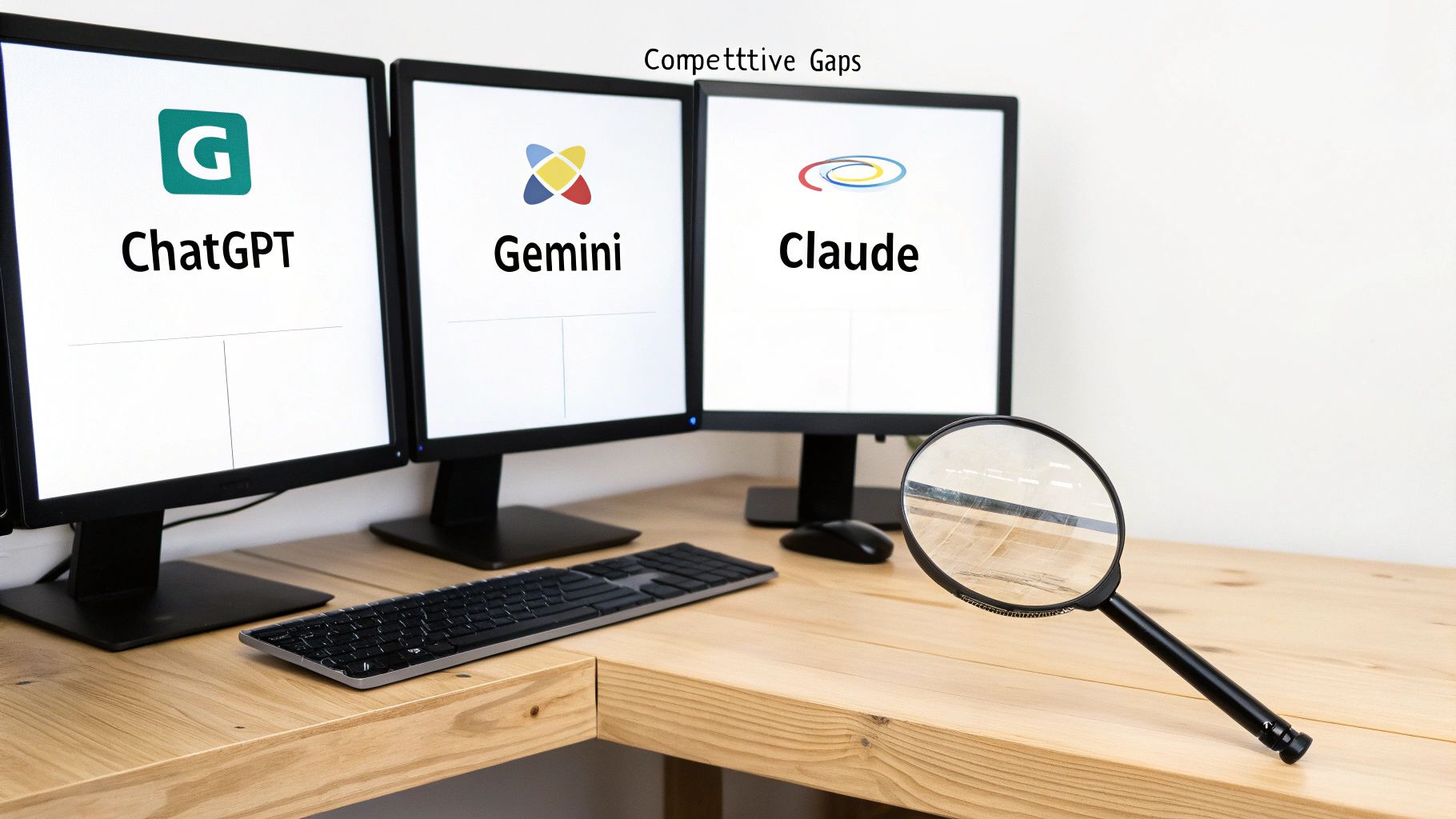 Three monitors display ChatGPT, Gemini, and Claude logos, with 'Competitive Gaps' and a magnifying glass on a desk.
