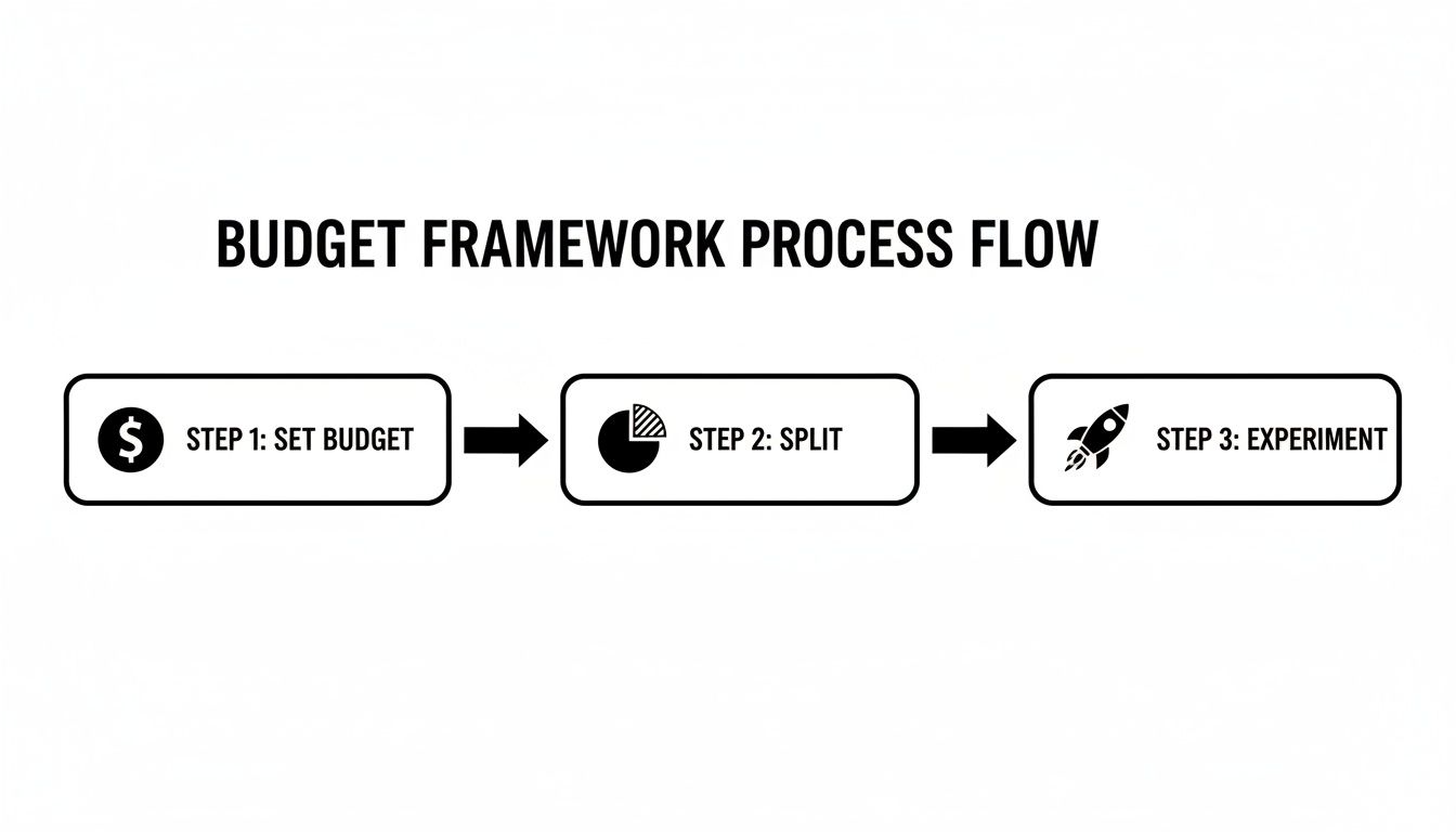 A three-step flowchart illustrating a budget framework process: set budget, split, and experiment.