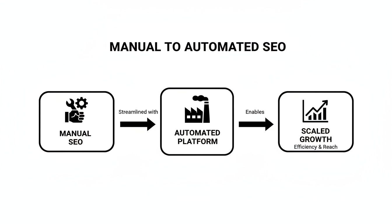 Diagram showing the progression from manual SEO to an automated platform, enabling scaled growth and efficiency.