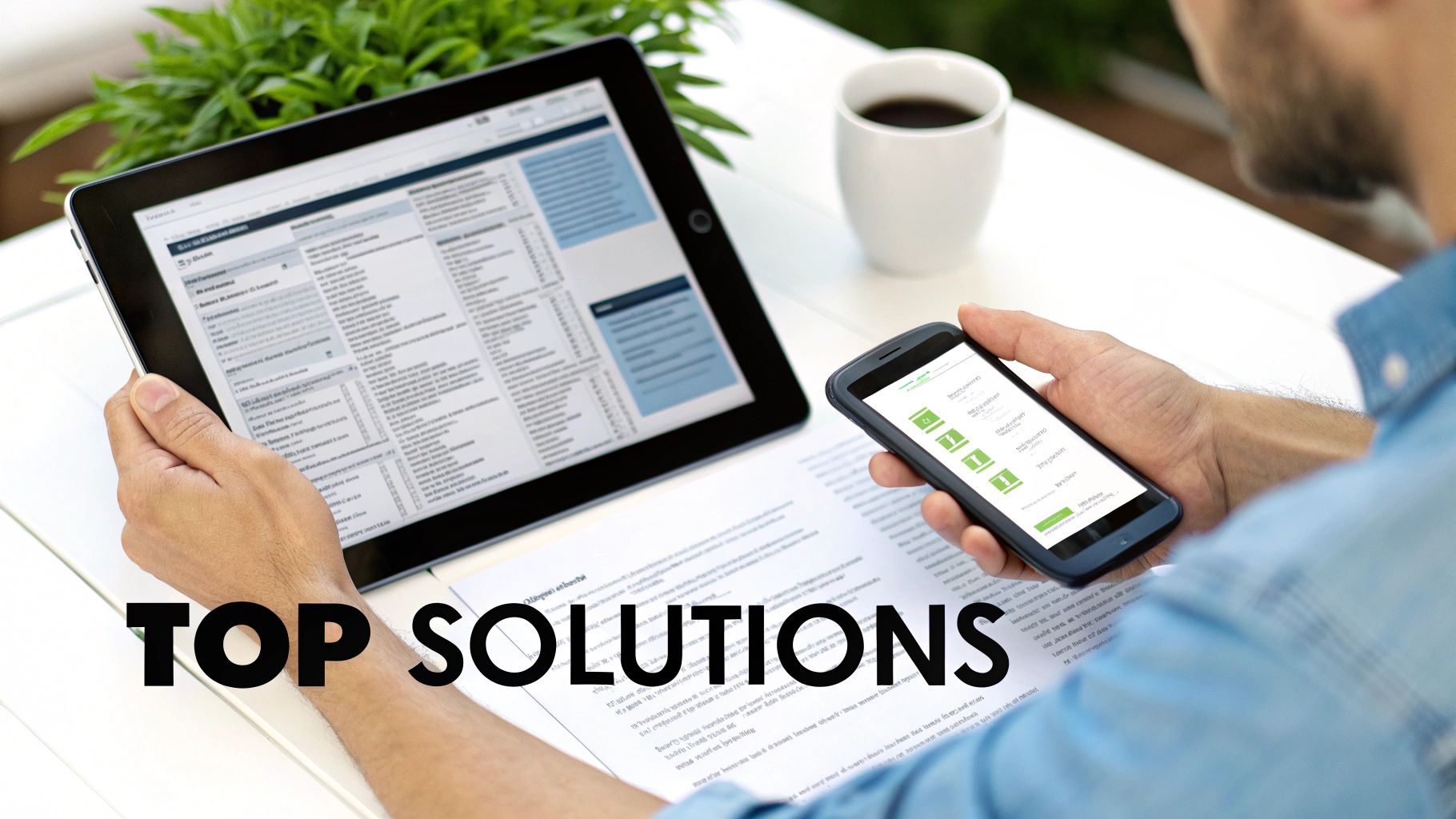 A person views a document on a tablet and an app on a smartphone, on a white desk.