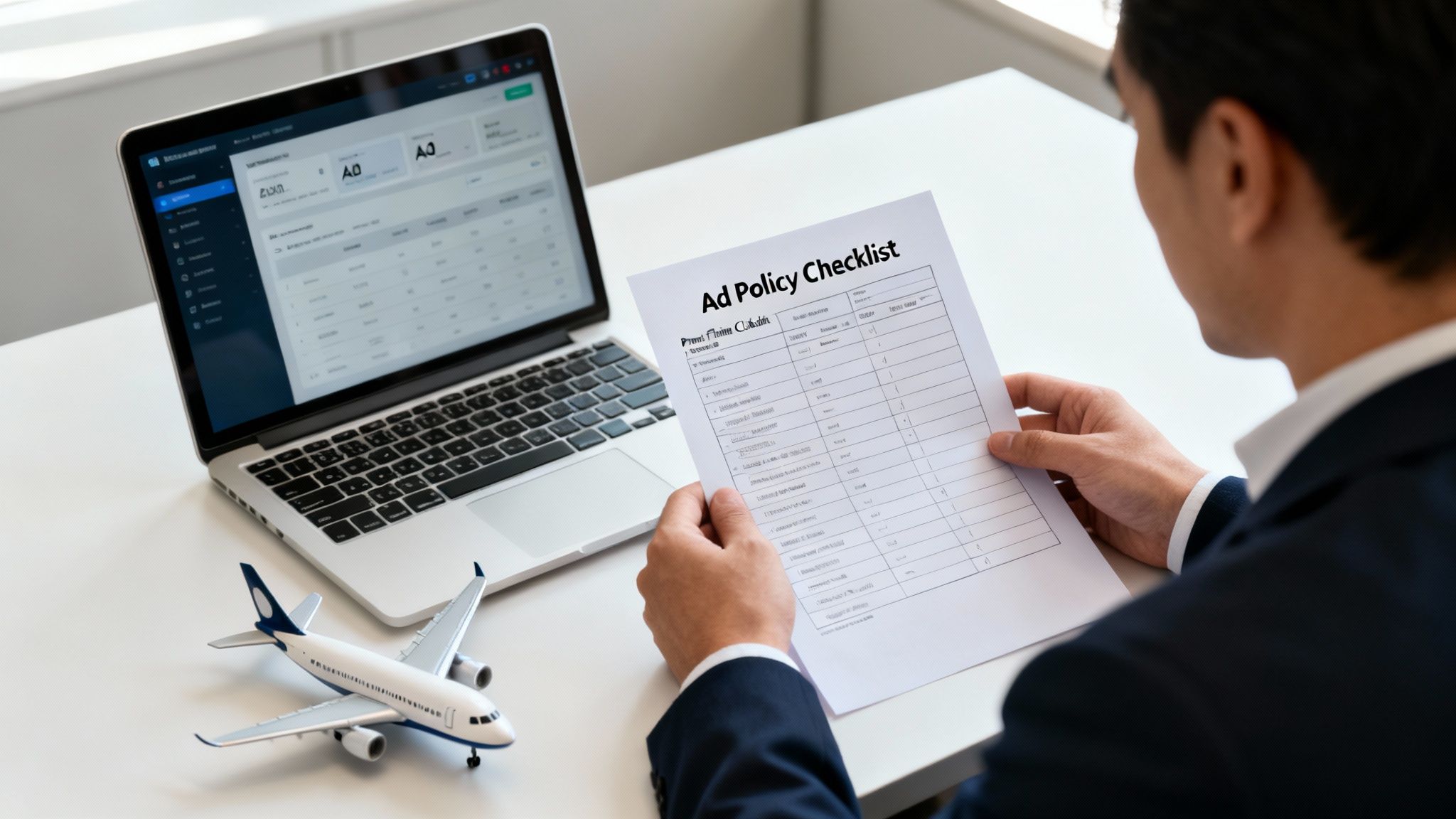 Person reviewing an Ad Policy Checklist document with a laptop displaying ad campaign data and a model airplane on the desk.