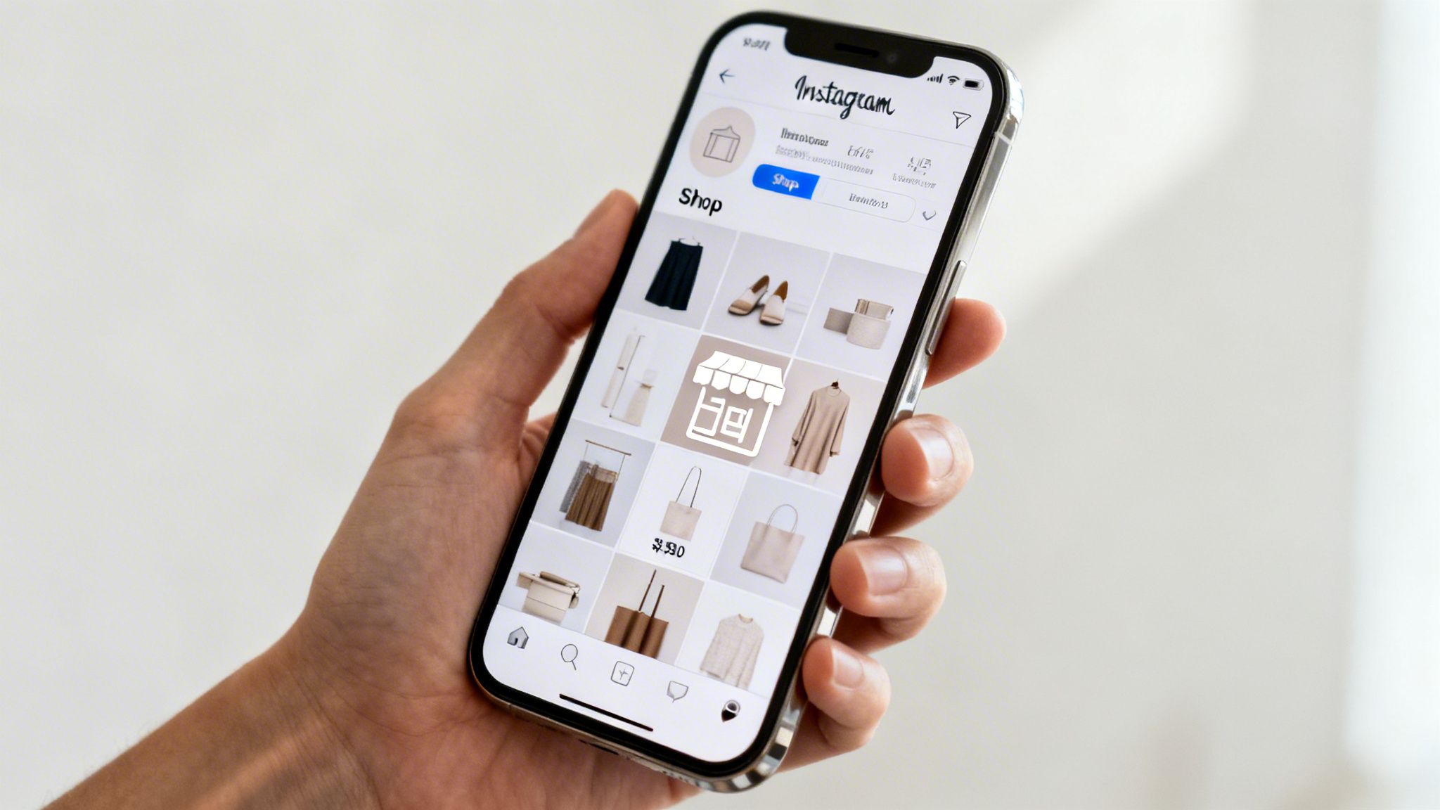 A hand holds an iPhone displaying the Instagram shopping feature with various products.