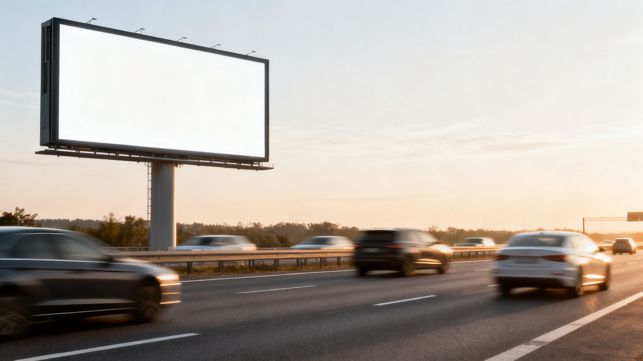 A large blank billboard stands beside a busy highway with blurred cars at sunset.