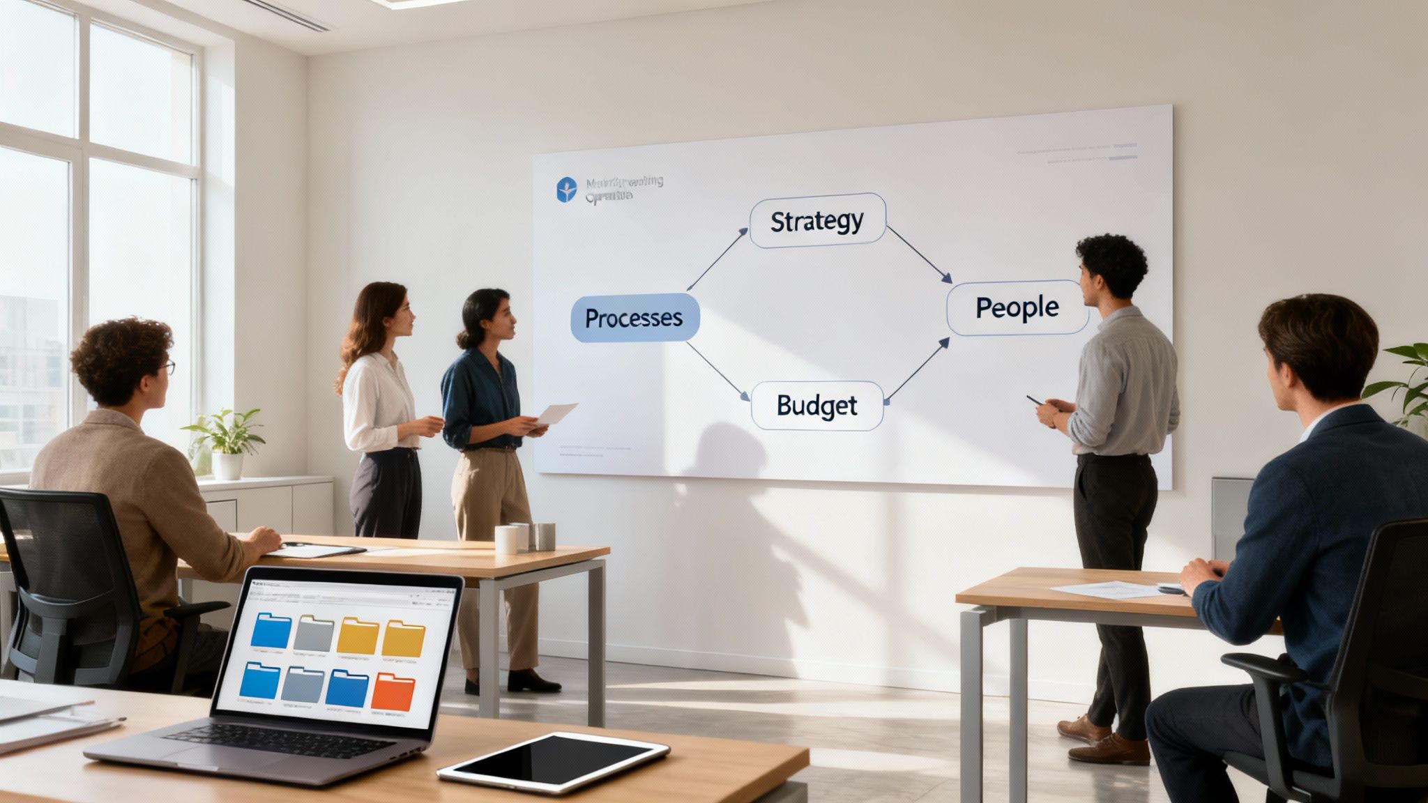 Professionals in a bright meeting room discussing a diagram on a large whiteboard.