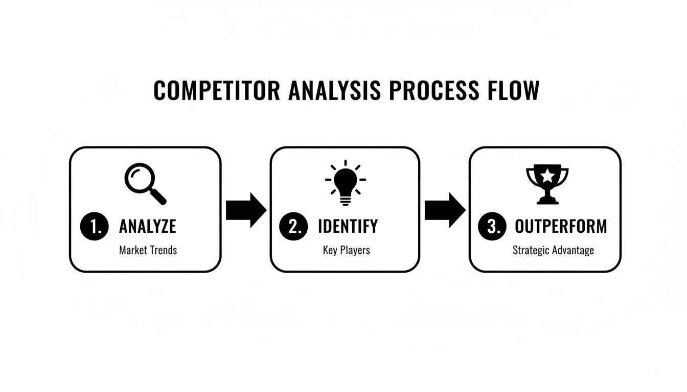 Competitor analysis process flow with steps: Analyze Market Trends, Identify Key Players, Outperform Strategic Advantage.