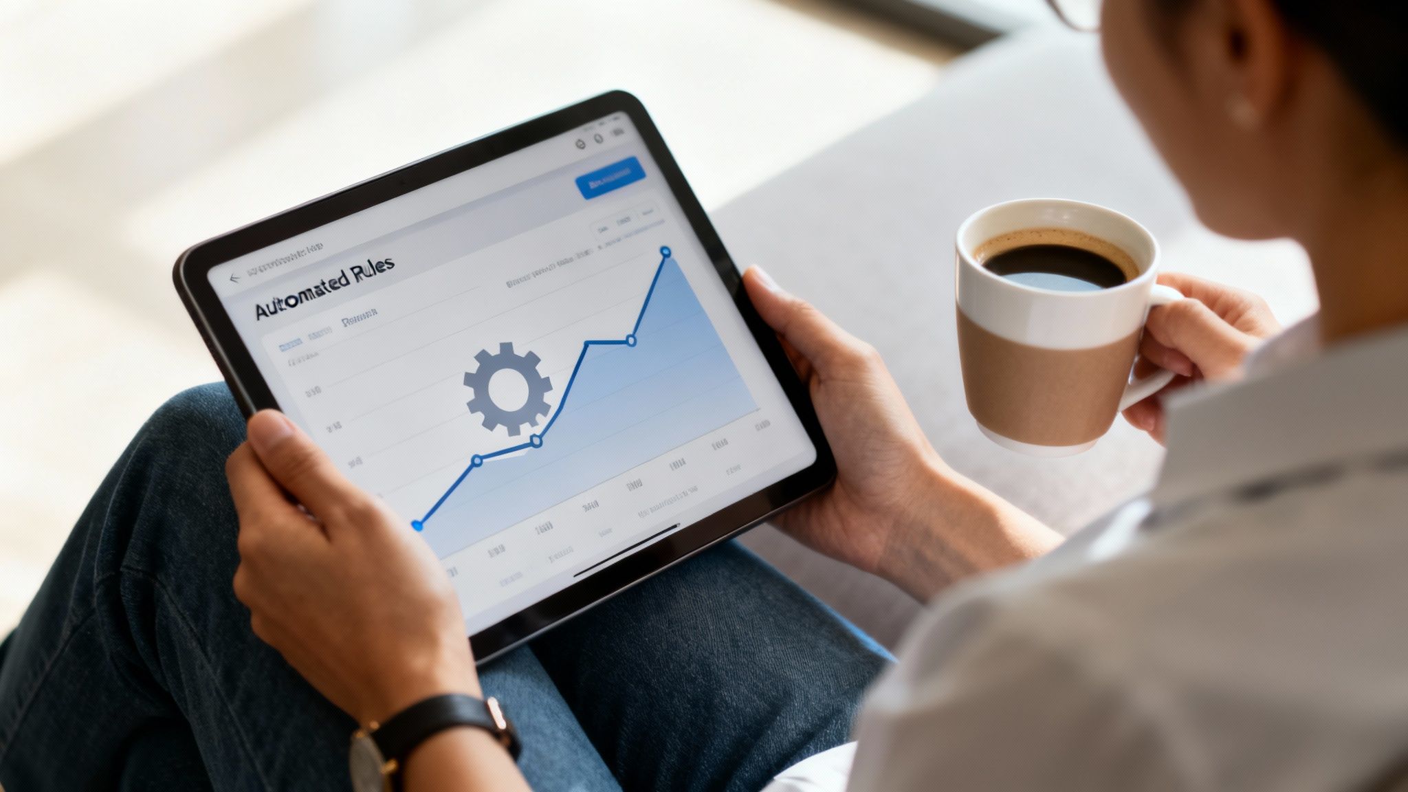 Person reviewing automated rules and a rising graph on a tablet while holding a coffee cup.
