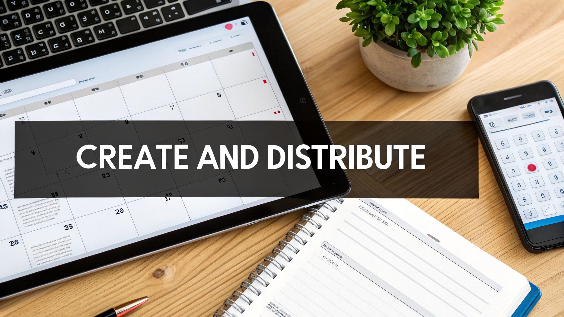 Flat lay of a modern workspace with a tablet showing a calendar, laptop, and smartphone, for content strategy.