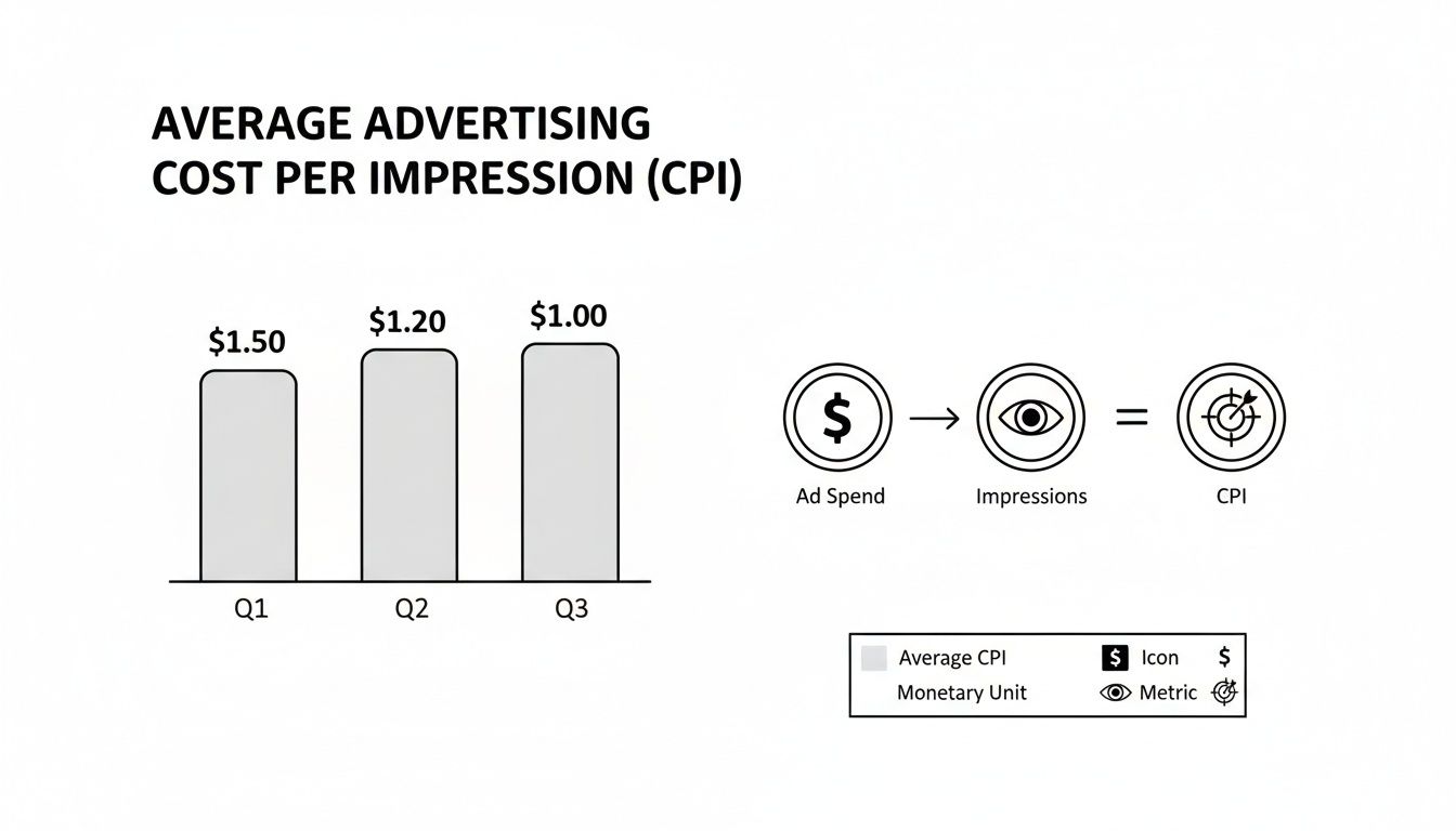 Bar chart showing average advertising cost per impression (CPI) decreasing from Q1 to Q3, with a formula.