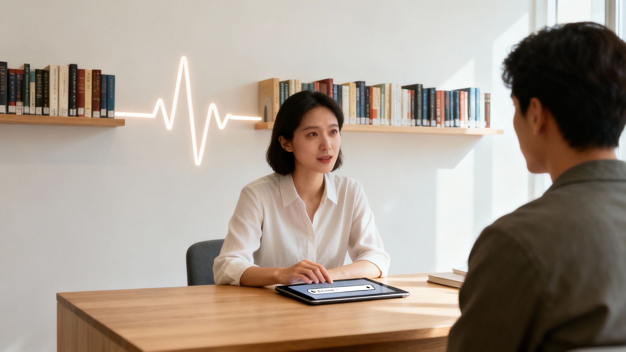 Two professionals discussing in an office, with a tablet showing a search bar and a glowing soundwave.