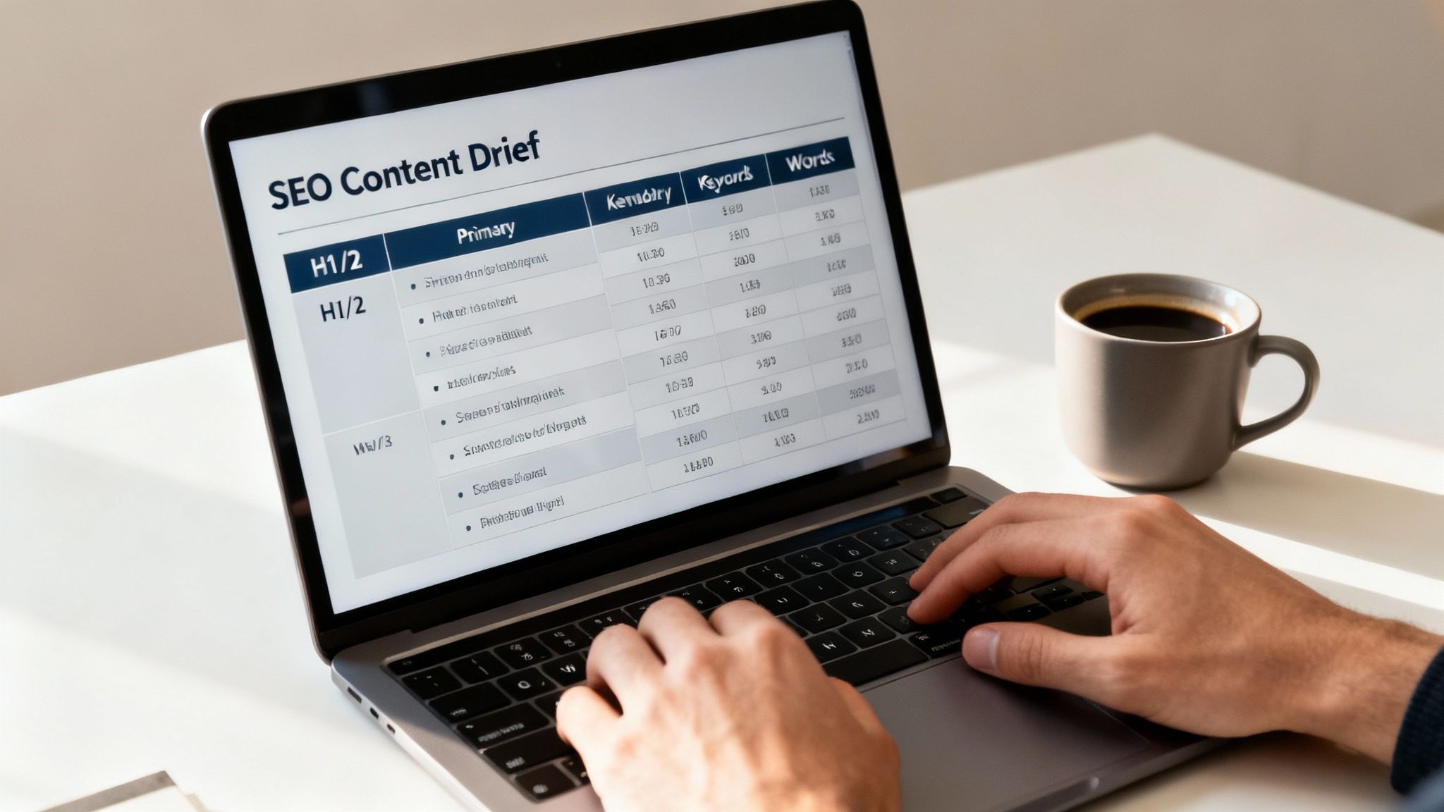 Person typing on laptop displaying SEO content brief template with keyword density and word count metrics