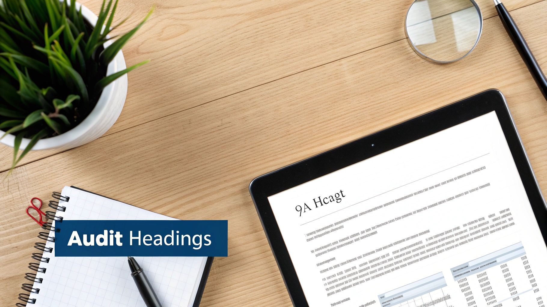Overhead view of a desk with a tablet displaying an audit document, a notebook, and office supplies.
