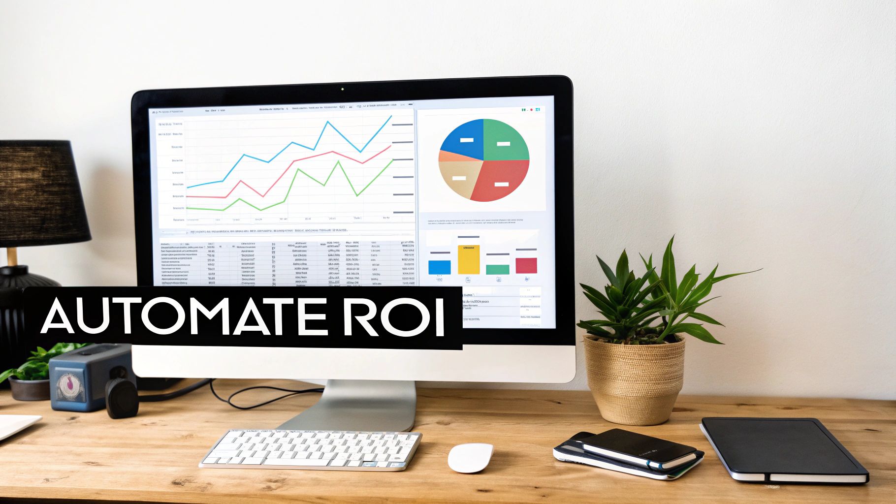 A computer monitor on a wooden desk displays business charts and graphs, with 'AUTOMATE ROI' text.