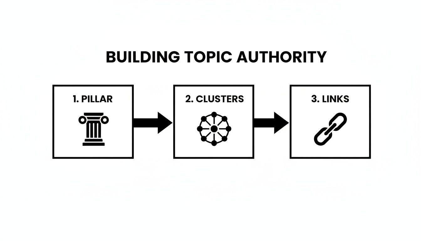 A flowchart illustrating the process of building topic authority through pillars, content clusters, and links.