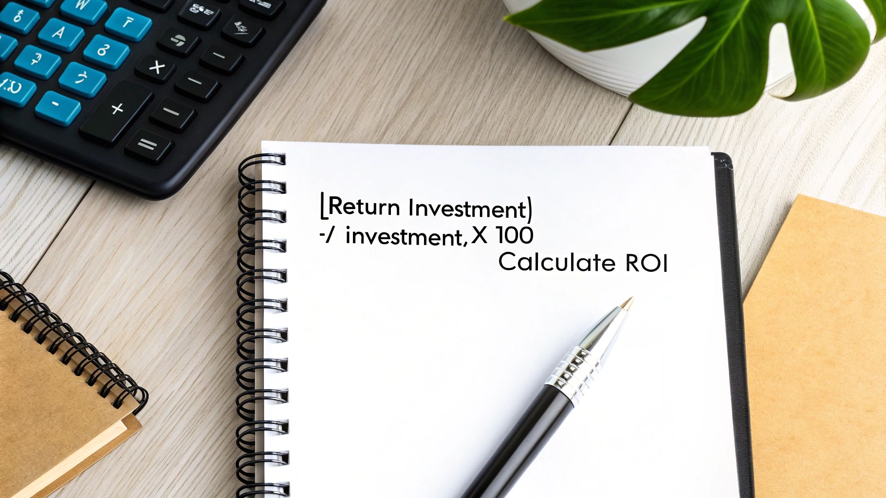 Notebook showing a 'Calculate ROI' formula next to a calculator on a wooden desk.