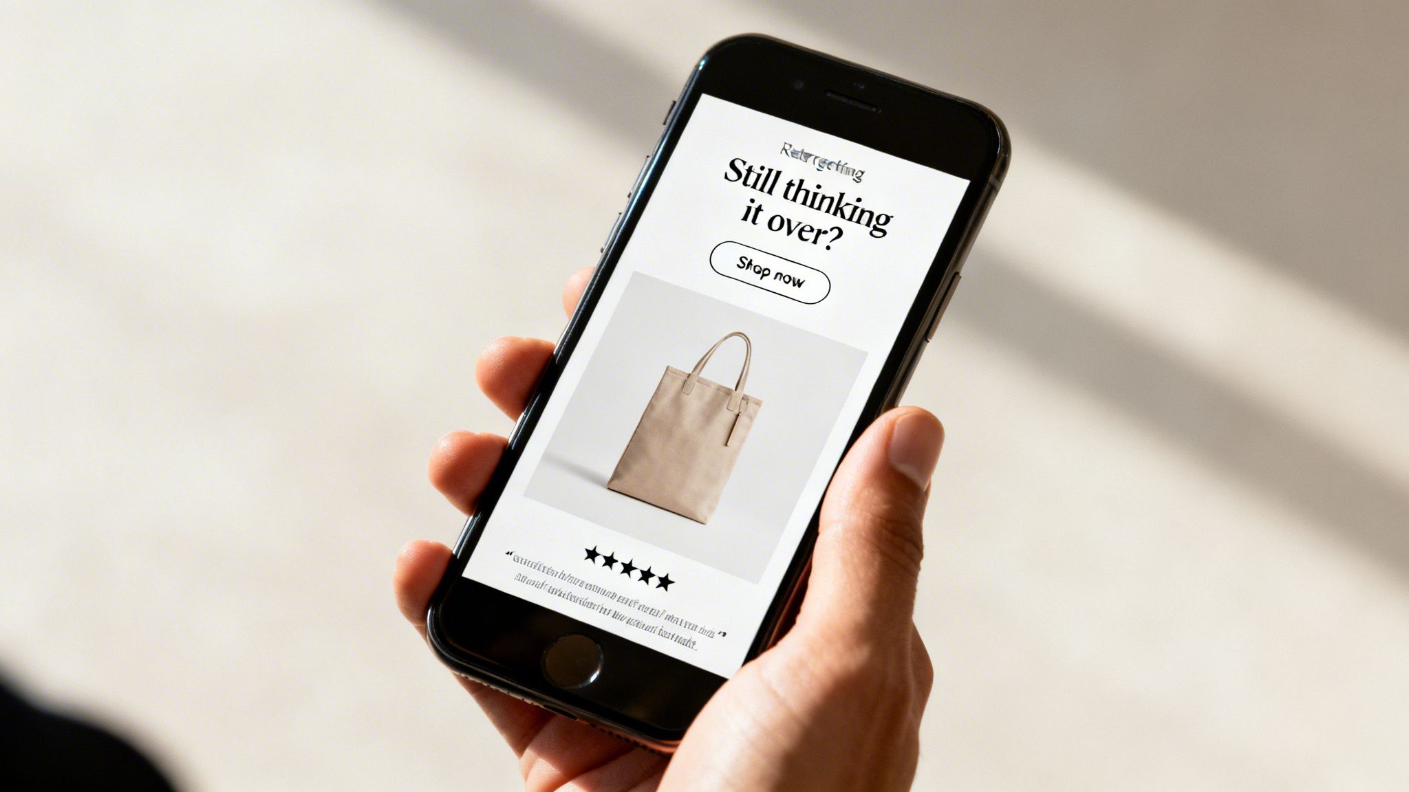 Hand holding a smartphone displaying a mobile retargeting ad for a beige tote bag with a 'Shop now' button.