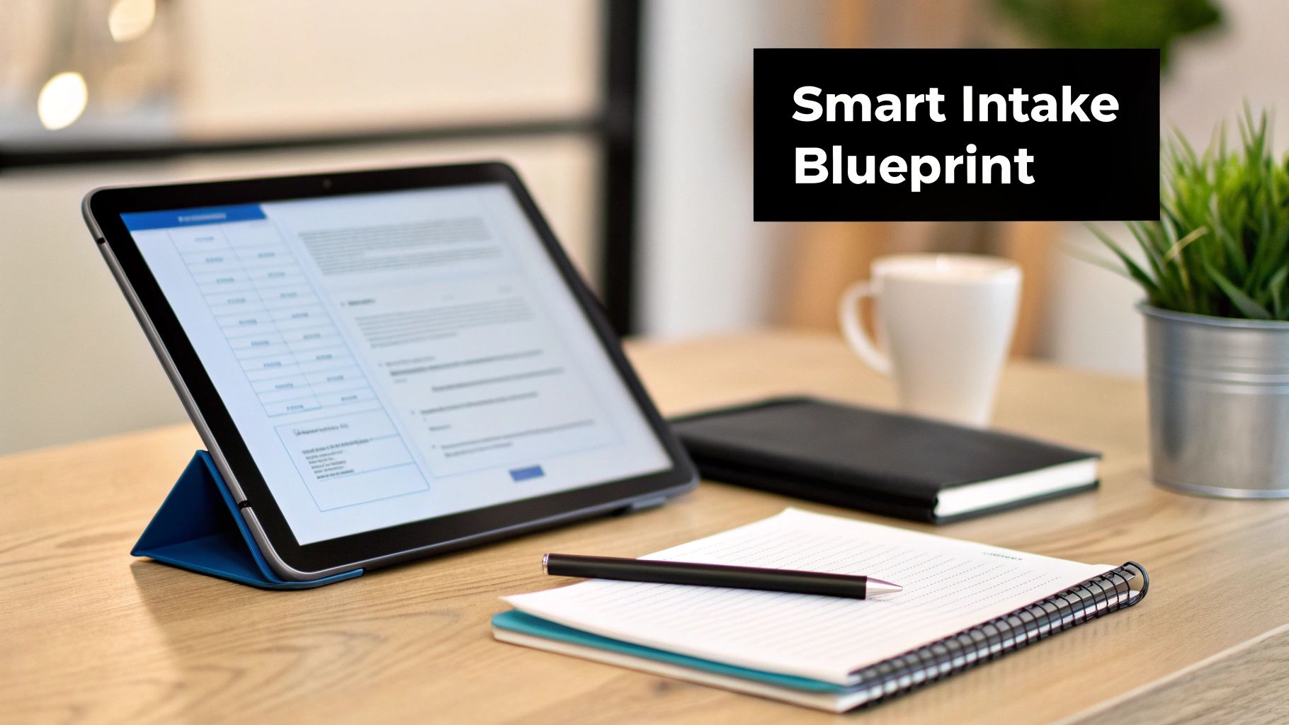 A tablet displaying an intake form on a wooden desk with a notebook and coffee mug.