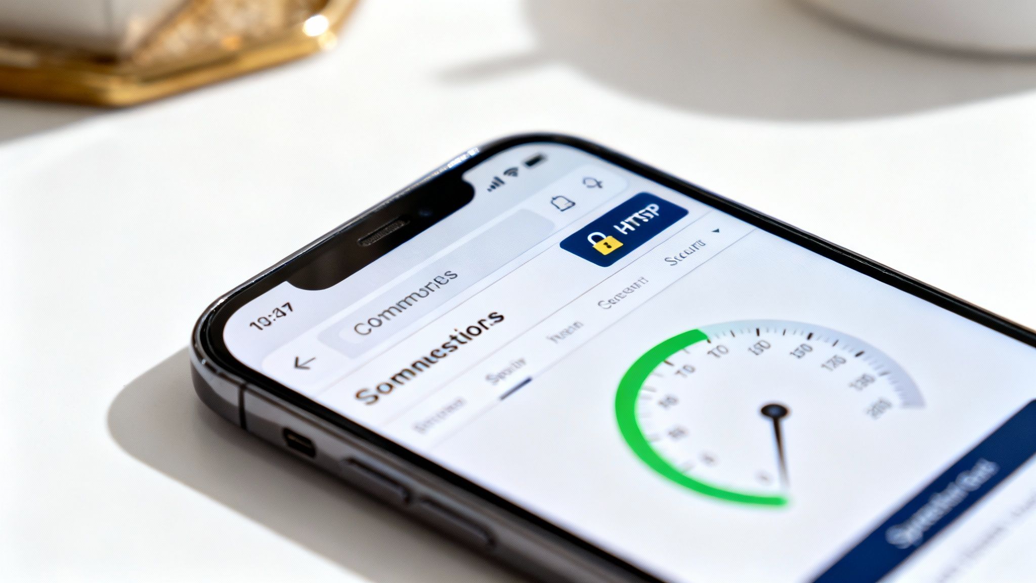 A smartphone screen displaying a secure web browser connection with HTTPS and an internet speed gauge.