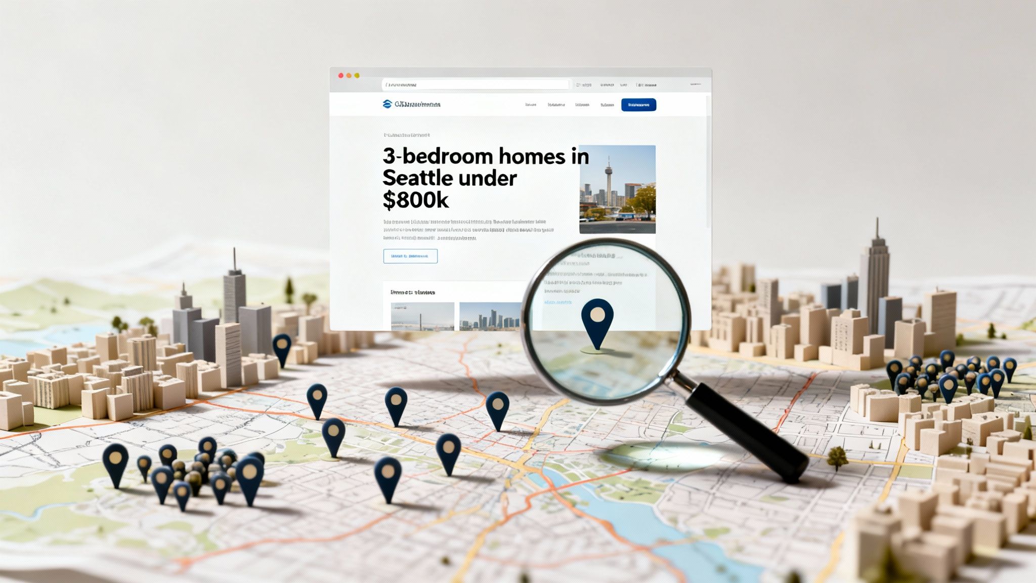 A detailed map with miniature city buildings and numerous location pins, a real estate website search, and a magnifying glass.