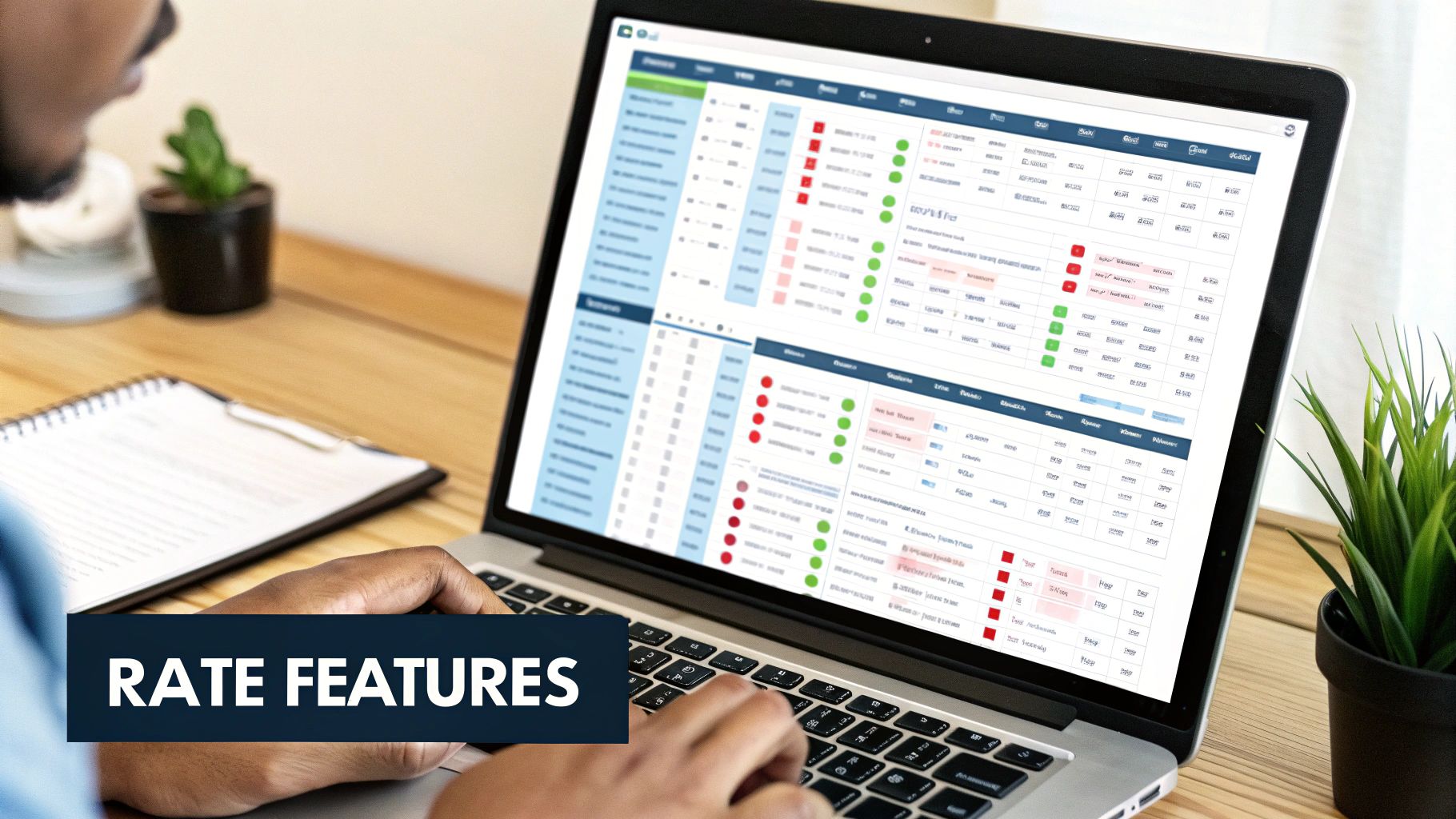 A person typing on a laptop, displaying a complex data grid with green and red indicators.