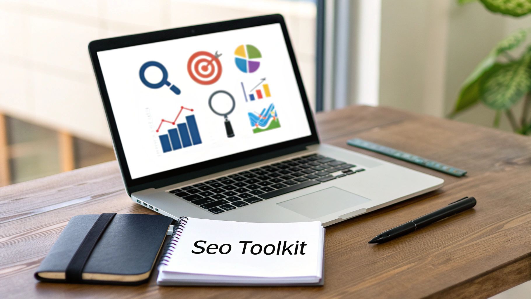 A laptop screen displays various SEO icons and graphs, with an 'Seo Toolkit' notebook on a wooden desk.