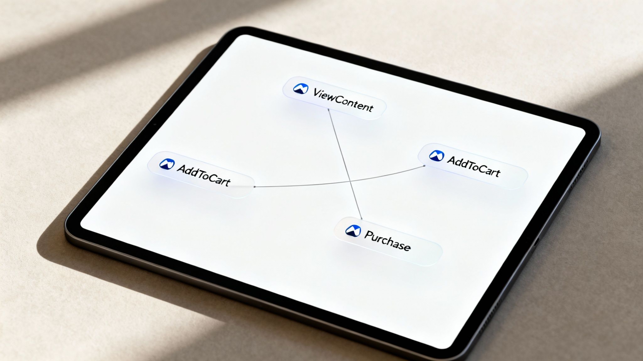 A tablet displays a digital marketing flow diagram with 'ViewContent', 'AddToCart', and 'Purchase' events.