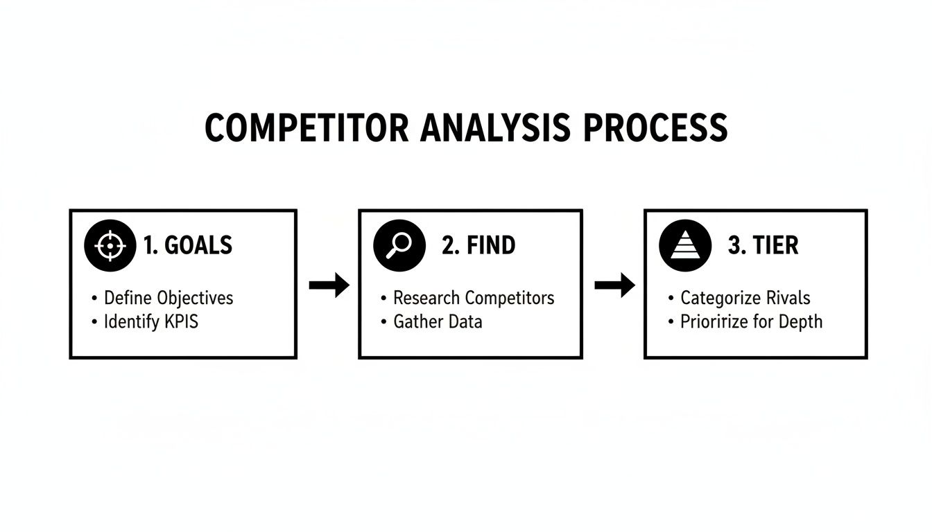 A flowchart illustrating the three-step competitor analysis process: Goals, Find, and Tier.