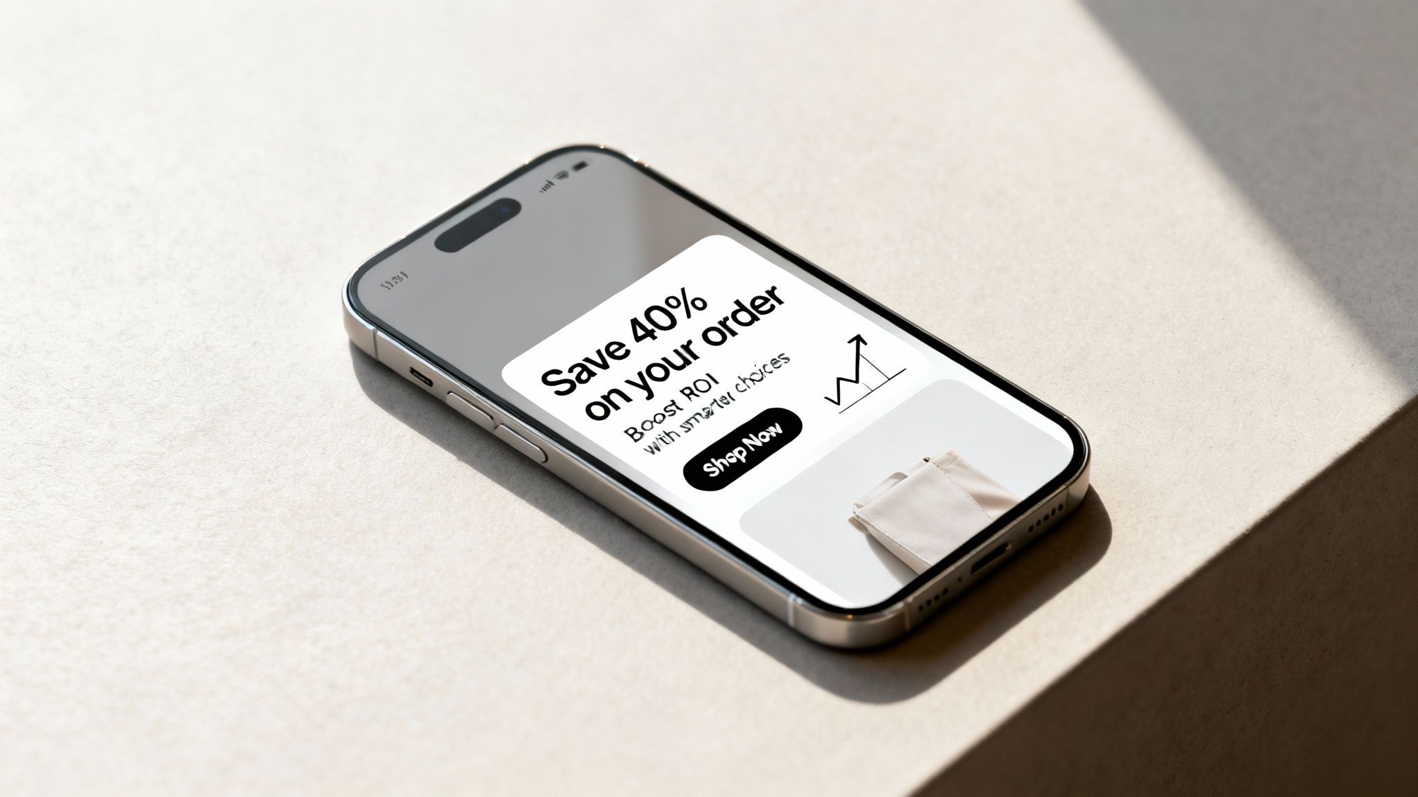 A silver smartphone displays a mobile ad with "Save 40% on your order" and a "Shop Now" button.