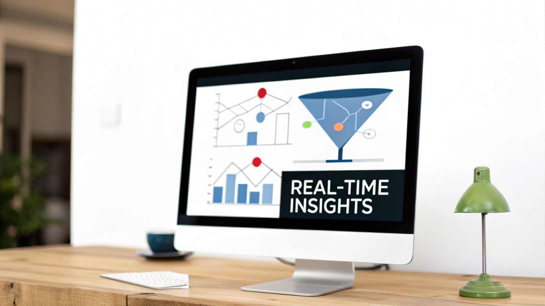A desktop computer displaying 'REAL-TIME INSIGHTS' with graphs and charts on a wooden desk.