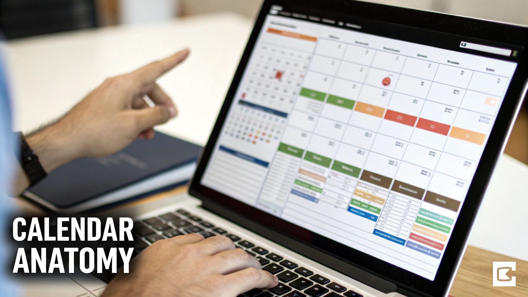 A person's hands interacting with a laptop showing a detailed digital calendar application, with 'CALENDAR ANATOMY' text.
