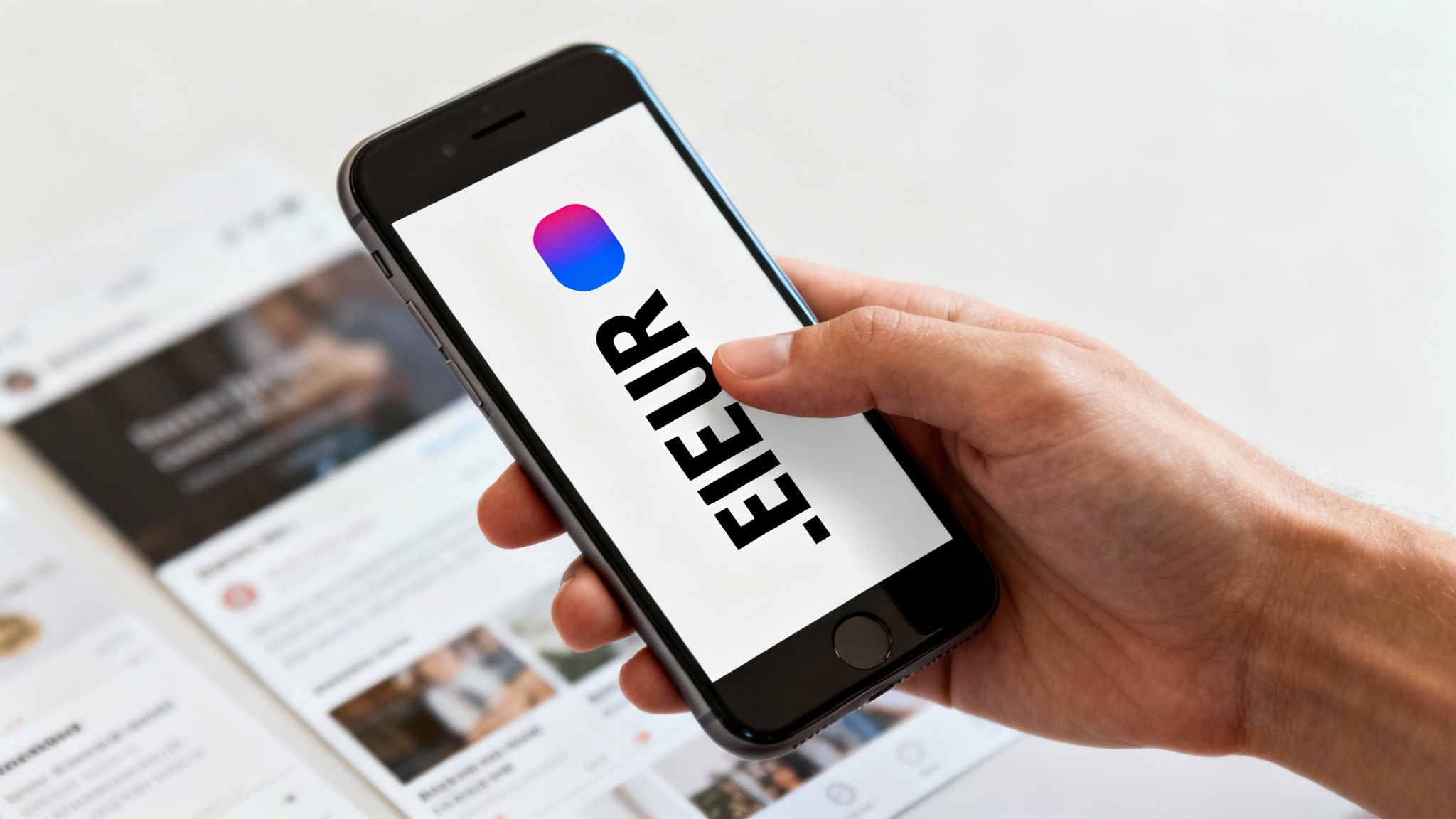 A hand holds a black smartphone displaying a white screen with a colorful logo and the word 'FIEUR'.
