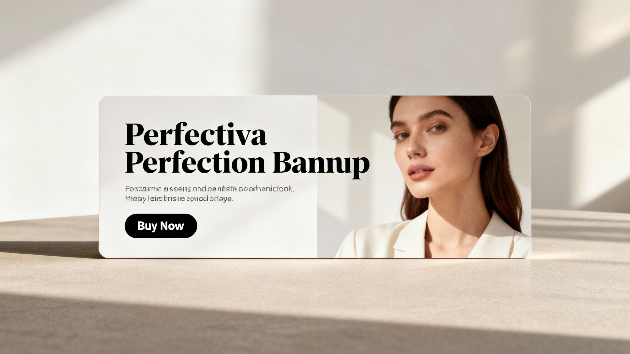 A modern, minimalist ad banner featuring 'Perfectiva Perfection' branding, a woman's face, and a 'Buy Now' button.