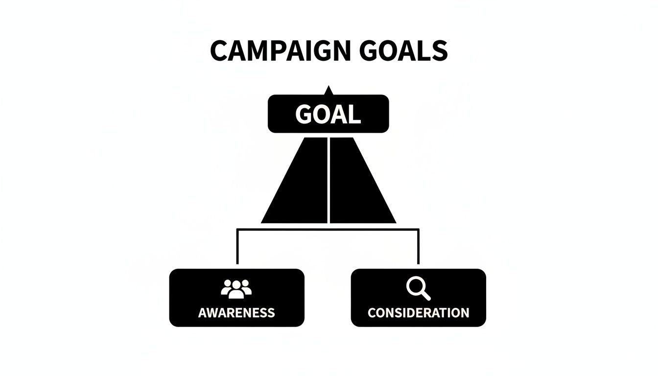 A diagram titled 'Campaign Goals' showing 'Goal' at the top, leading to 'Awareness' and 'Consideration' stages.