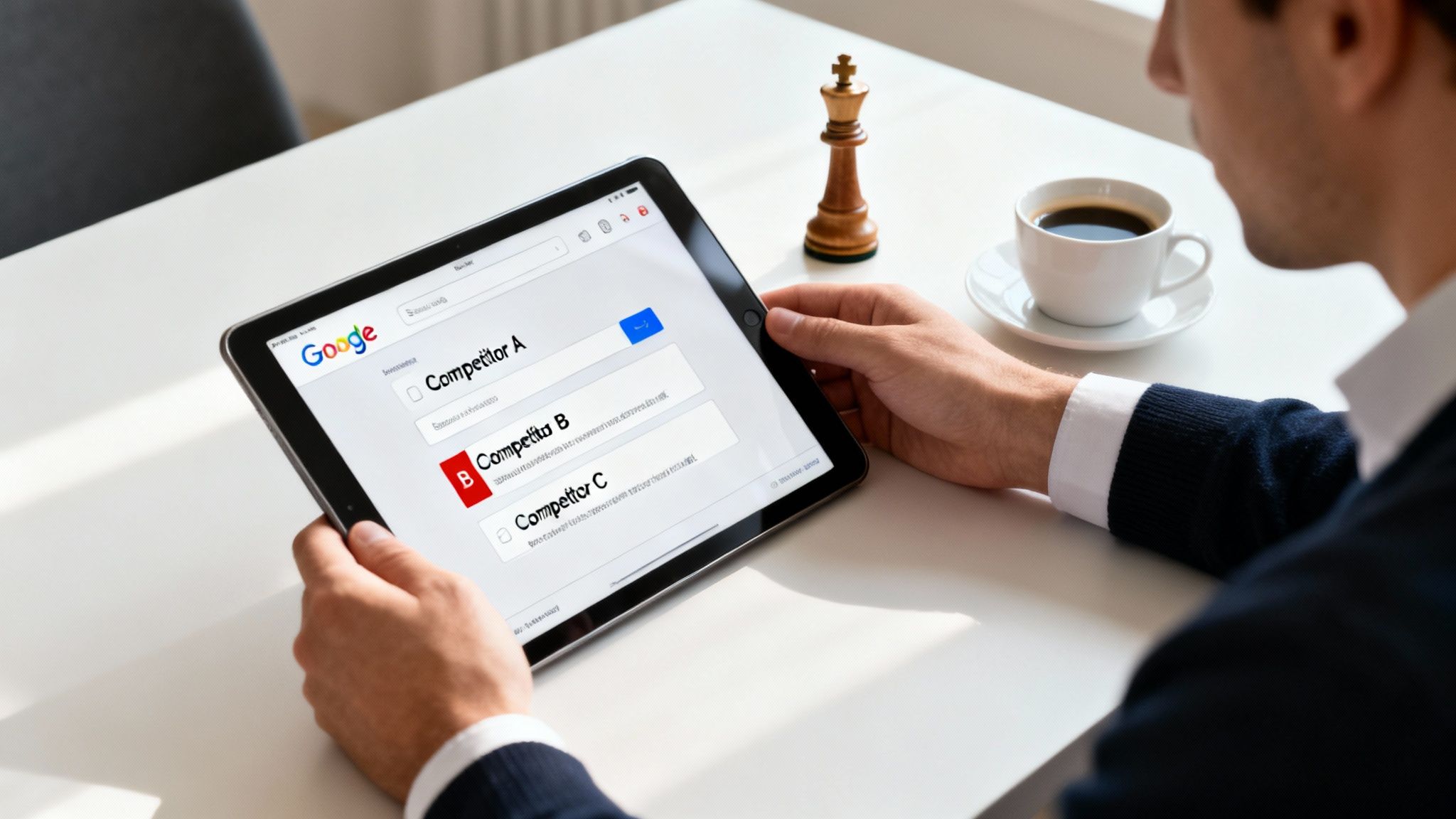A person holds a tablet displaying a Google search page with 'Competitor B' highlighted for market analysis.