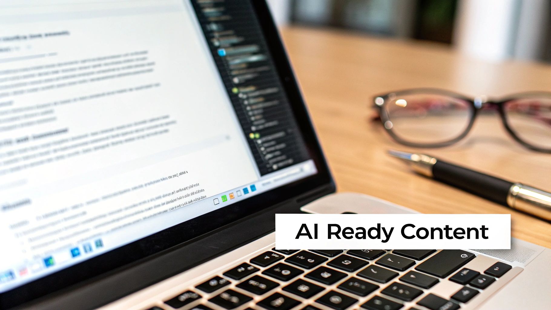 Close-up of a laptop displaying "AI Ready Content" on a screen, with a pen and glasses on a desk.
