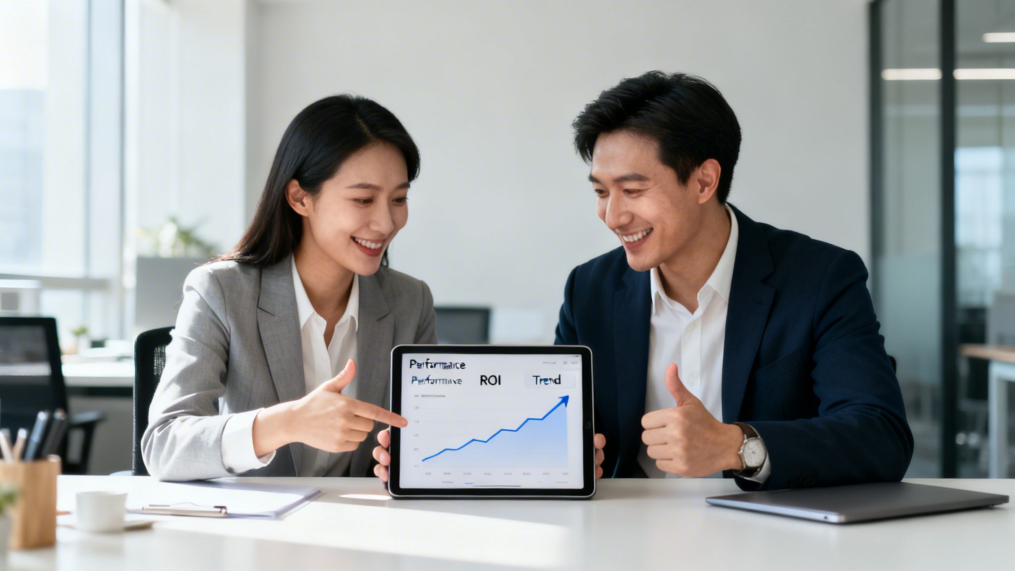 Two smiling business professionals review a rising performance trend graph on a tablet in an office.
