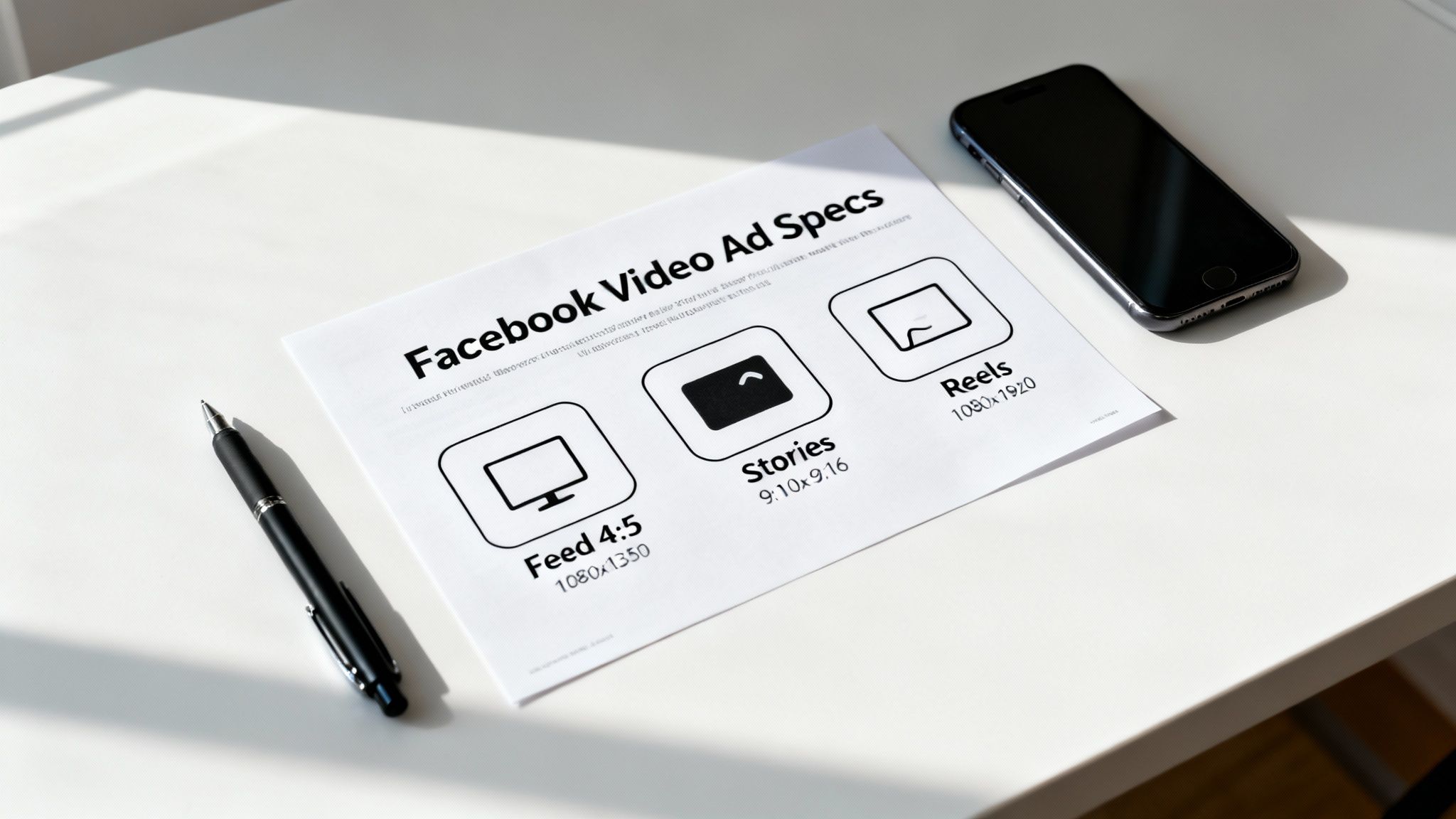Document shows Facebook video ad specs for Feed, Stories, and Reels, with a pen and phone on a white desk.