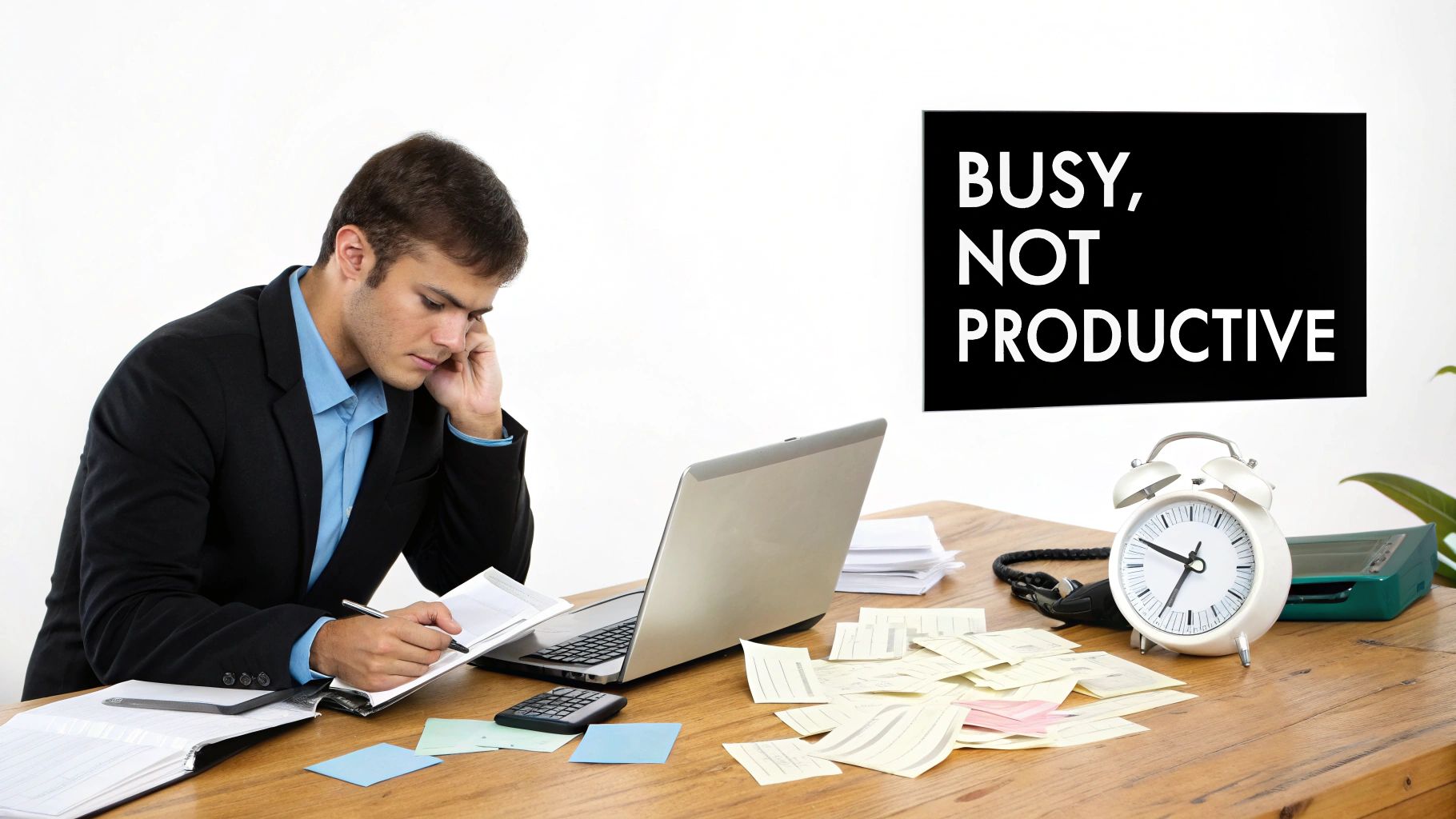 A man looking overwhelmed at a messy desk with a laptop, papers, and an alarm clock. A sign reads 'BUSY, NOT PRODUCTIVE'.