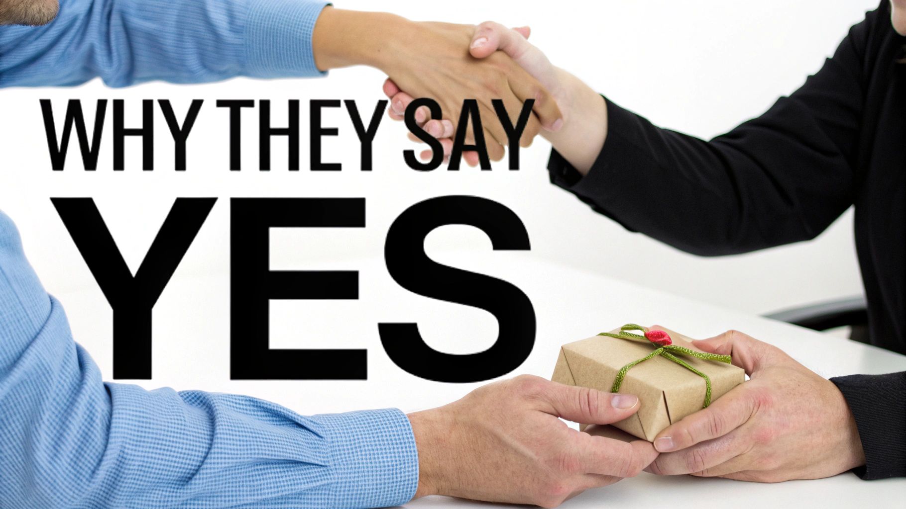 Two people shaking hands and exchanging a gift, with text 'WHY THEY SAY YES' on a white background.