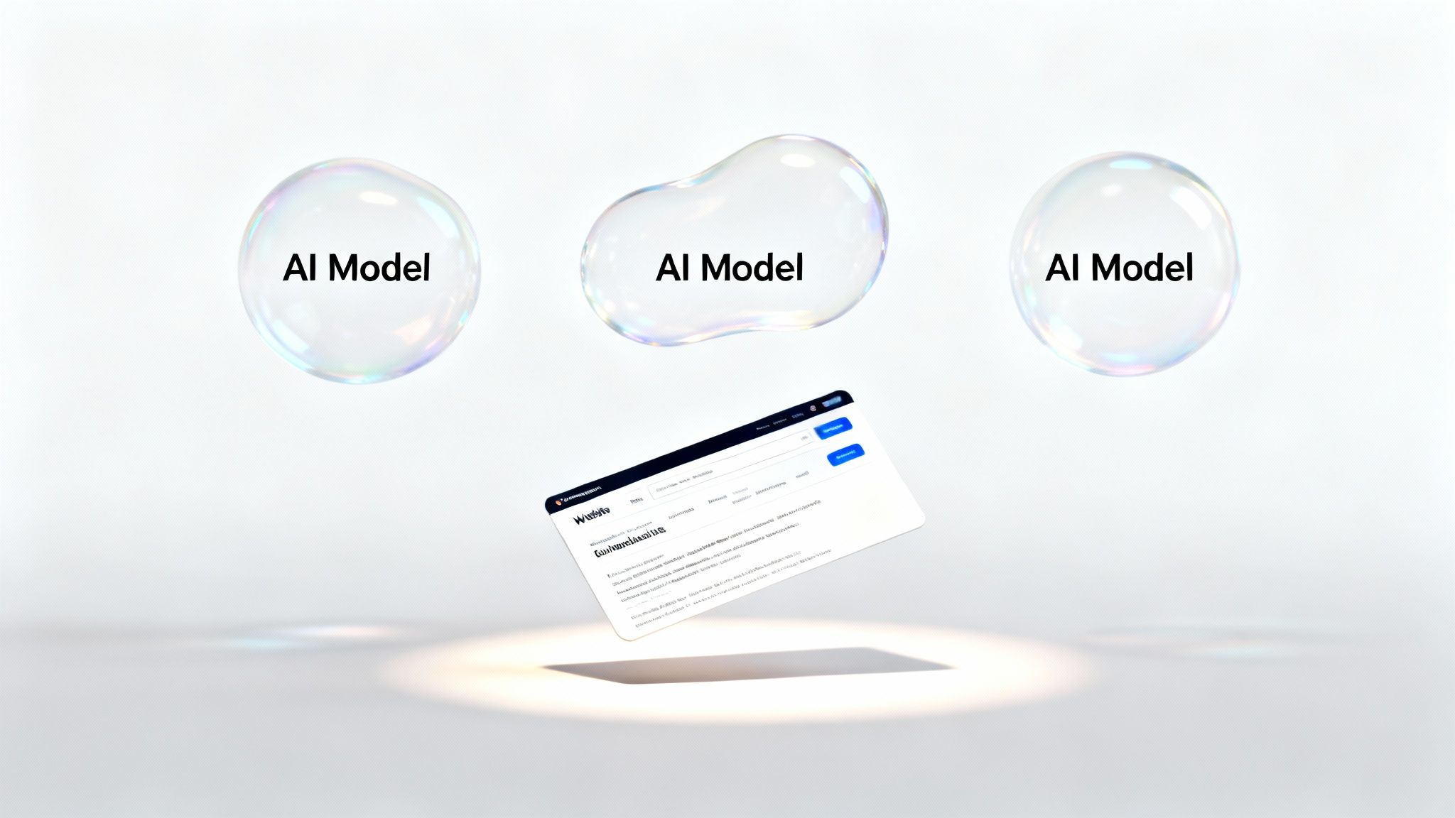 Three AI Model bubbles float above a web page displaying generated content, symbolizing AI-powered SEO.