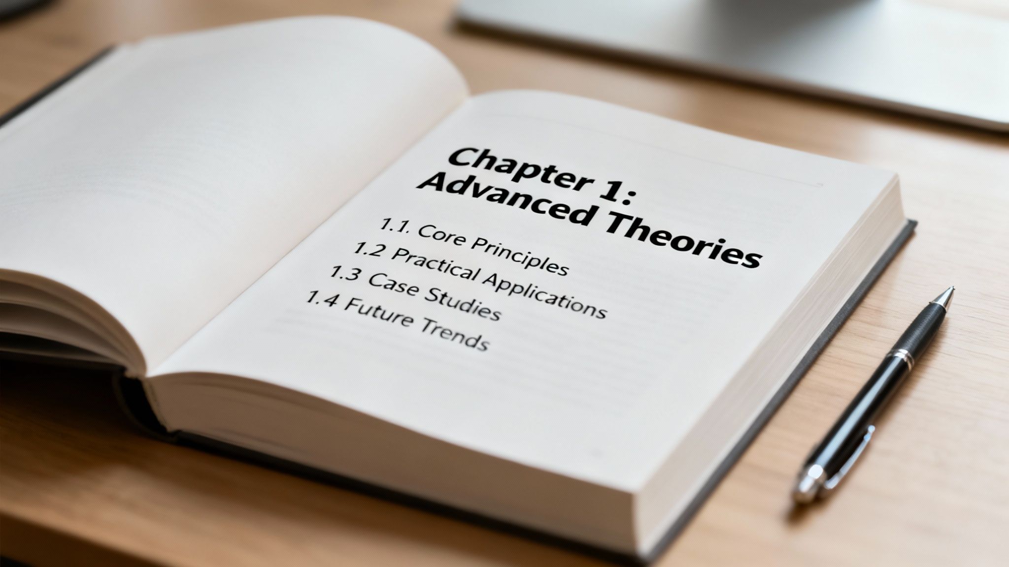 Open textbook showing Chapter 1 Advanced Theories table of contents with pen on wooden desk