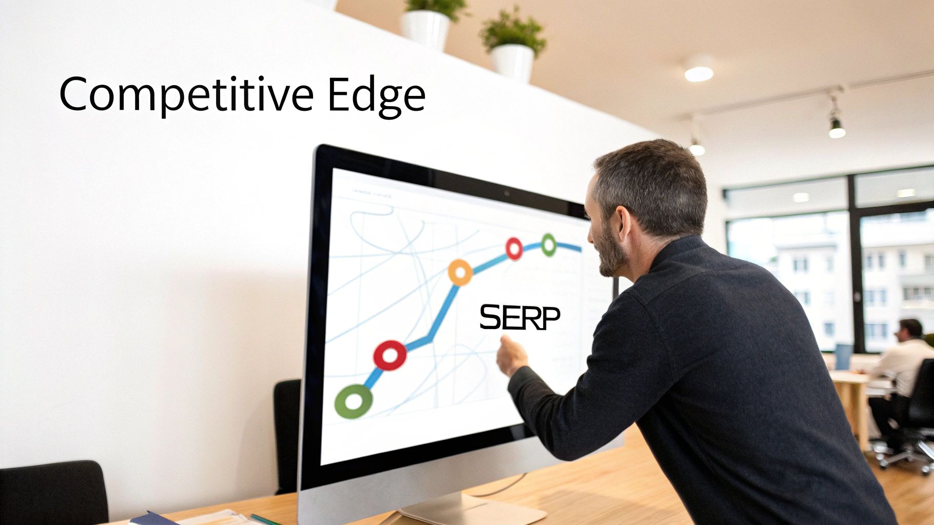 A man points at a computer screen showing a SERP graph, with 'Competitive Edge' on the wall.