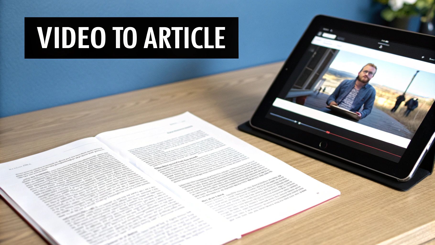A tablet playing a video and an open article on a wooden desk, emphasizing 'VIDEO TO ARTICLE'.