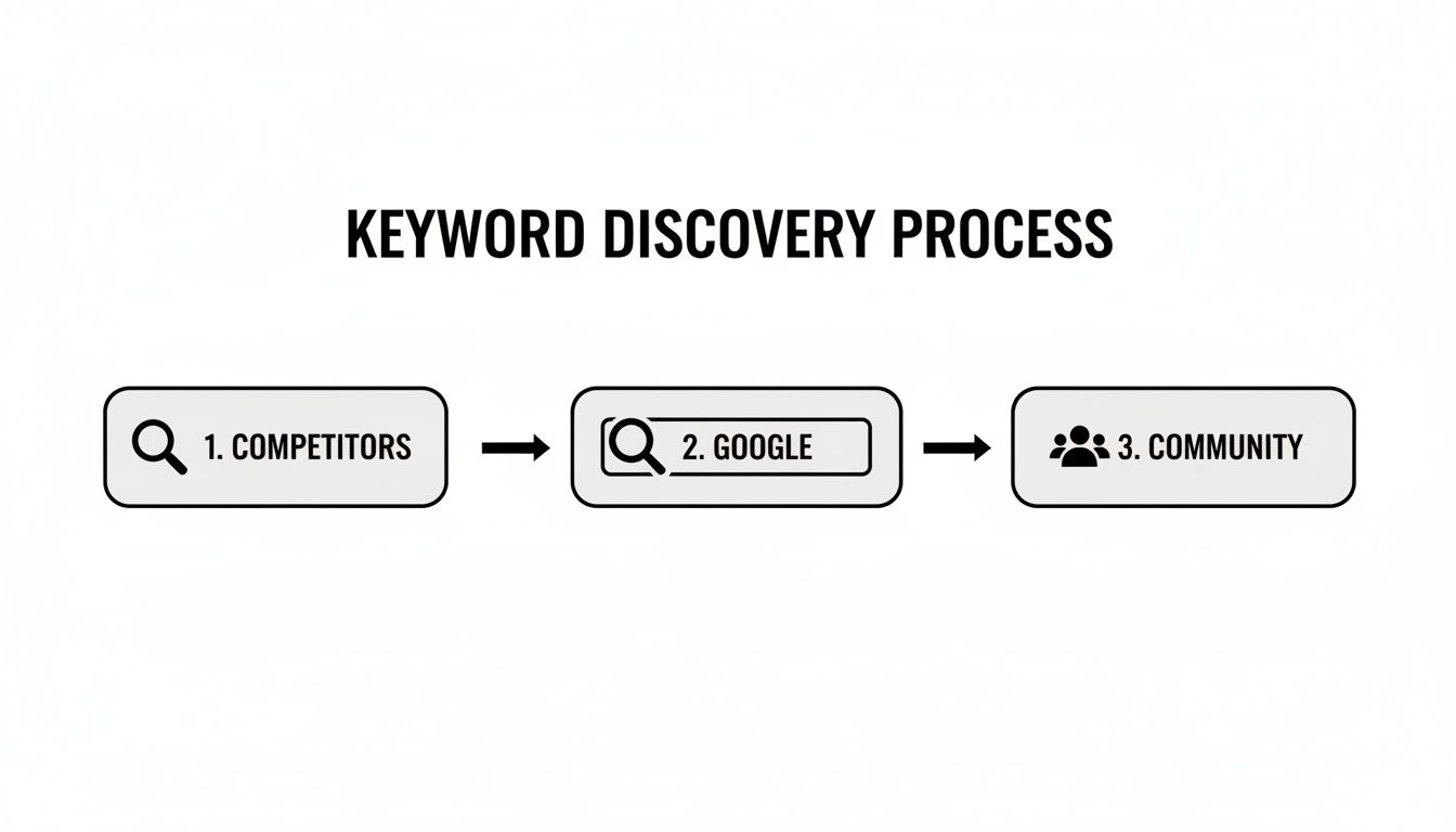 Flowchart illustrating the keyword discovery process with steps: 1. competitors, 2. Google, and 3. community.