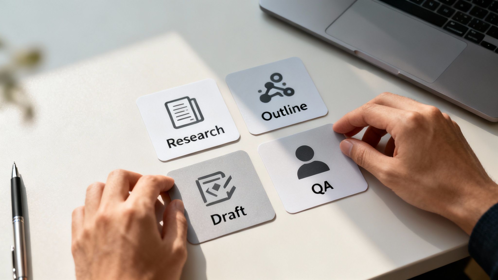 Hands arranging square cards on a white table, illustrating content creation steps: Research, Outline, Draft, and QA.