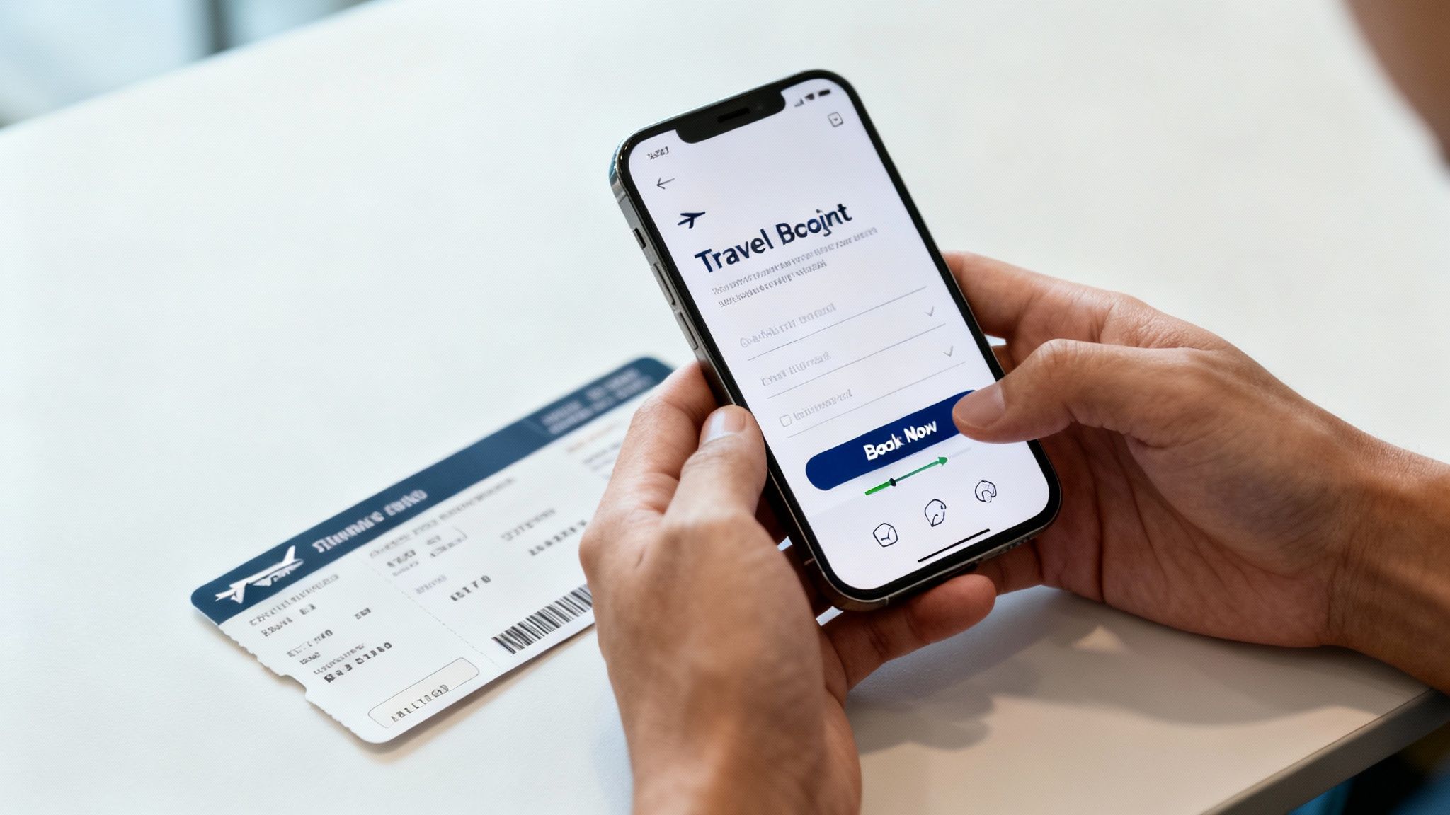 Hands holding a smartphone displaying a travel booking app next to an airplane ticket.