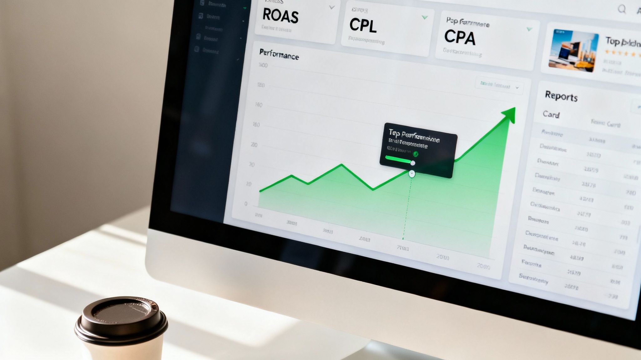 A computer monitor displays a green line graph showing increasing performance metrics and data analysis.