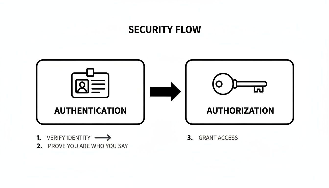 Diagram illustrating the security flow from authentication (verifying identity) to authorization (granting access).