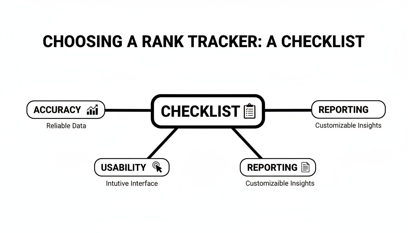 A mind map illustrates a checklist for choosing a rank tracker, covering accuracy, usability, and reporting.